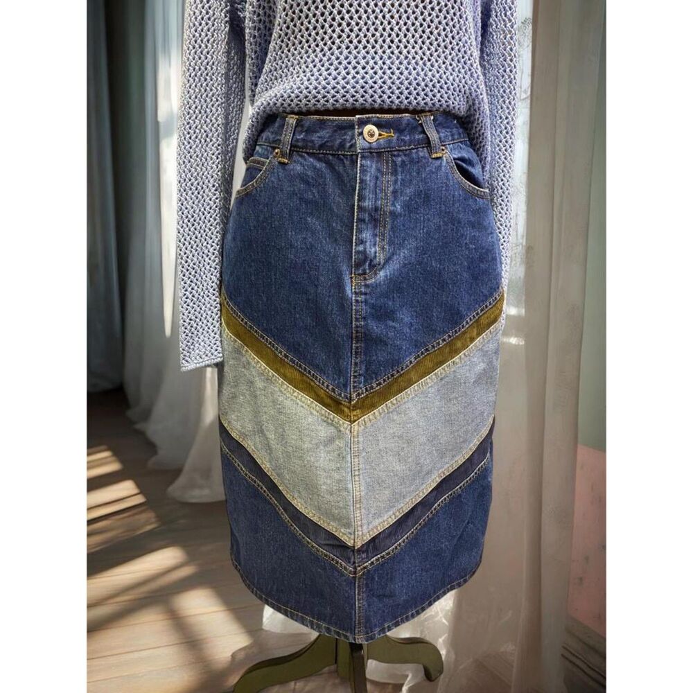 Y2K Denim Patchwork Cotton Corduroy Fairy Festival Midi Skirt